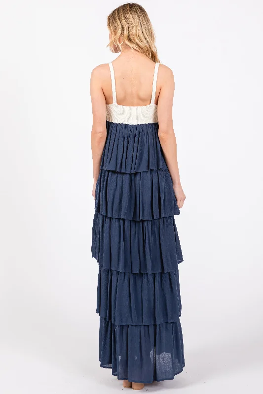 Navy Colorblock Crochet Tiered Maxi Dress