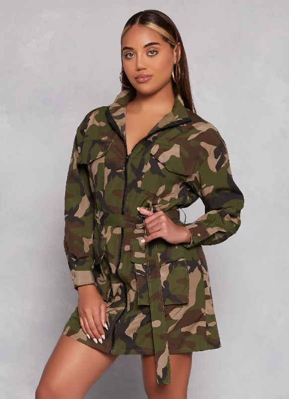 Camo Belted Zip Front Cargo Dress