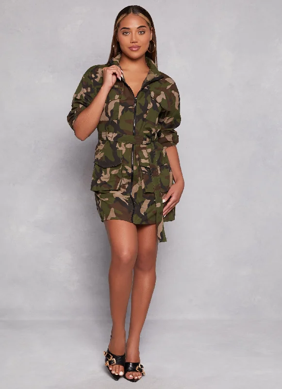 Camo Belted Zip Front Cargo Dress