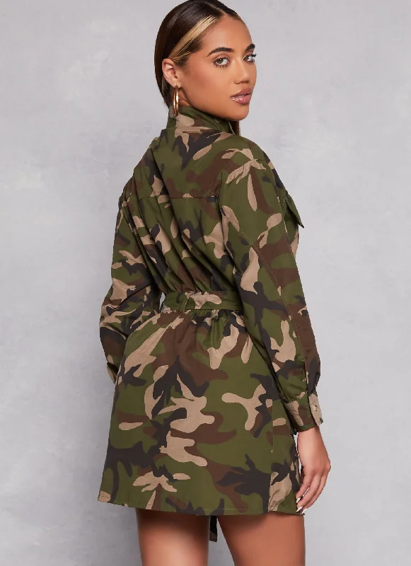 Camo Belted Zip Front Cargo Dress