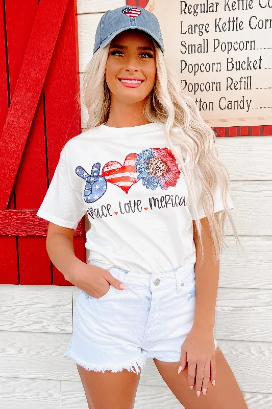 ""Peace, Love, Merica"" Graphic T-Shirt (White) - Print On Demand