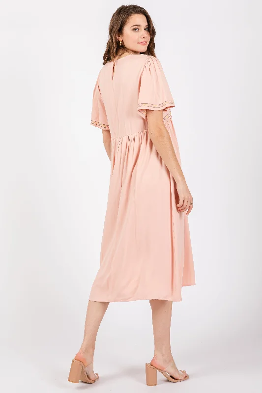 Peach Short Sleeve V-Neck Midi Dress