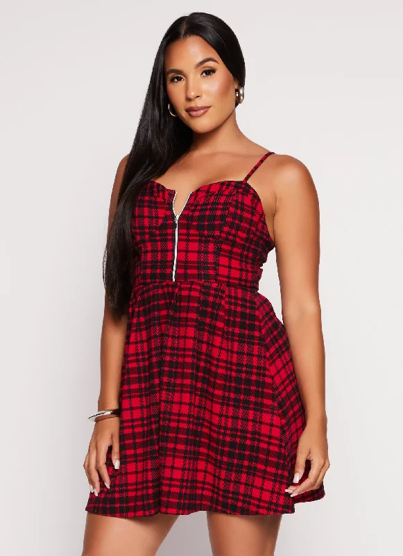 Almost Famous Plaid Zip Front Skater Dress