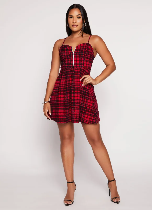 Almost Famous Plaid Zip Front Skater Dress