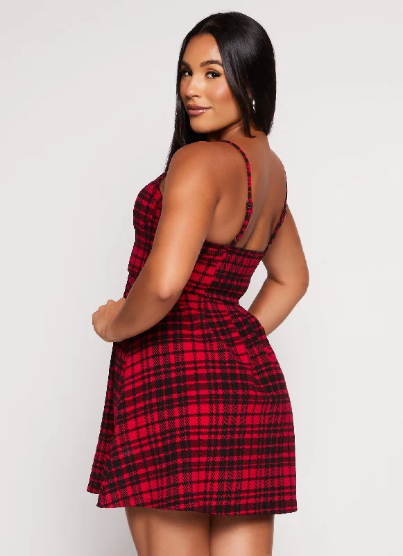 Almost Famous Plaid Zip Front Skater Dress