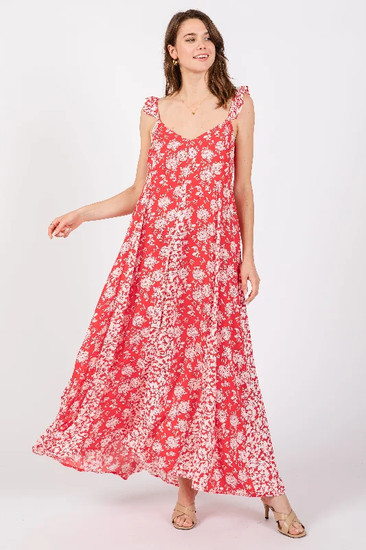 Red Floral Ruffle Shoulder Cut-Out Back Maxi Dress