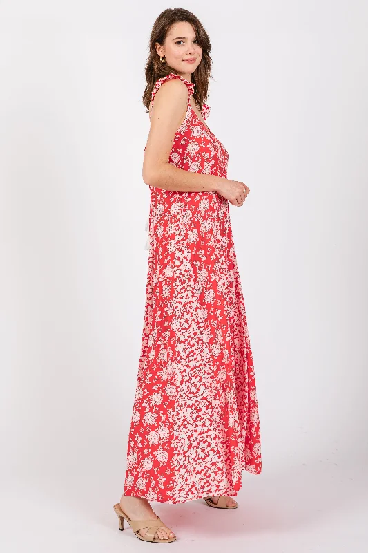 Red Floral Ruffle Shoulder Cut-Out Back Maxi Dress