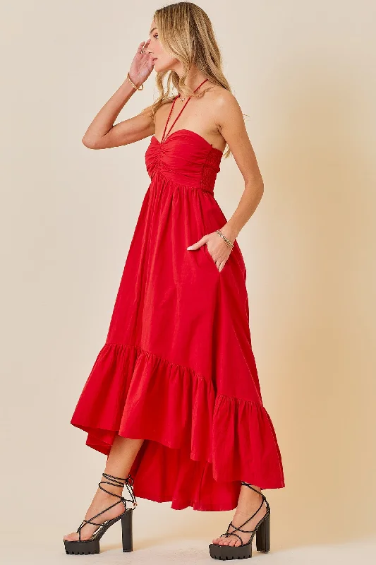 Red Halter Neck High-Low Hem Dress