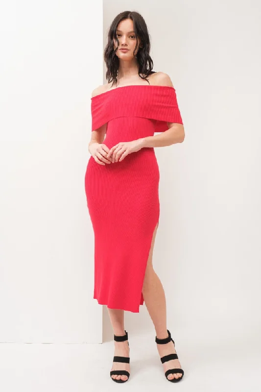 Red Off Shoulder Midi Dress