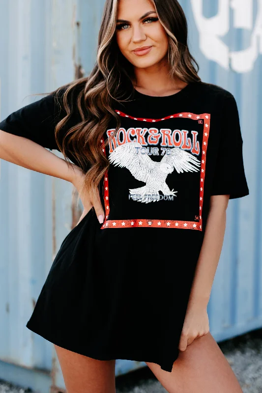 ""Rock & Roll Tour"" Oversized Graphic T-Shirt Dress (Black) - Print On Demand