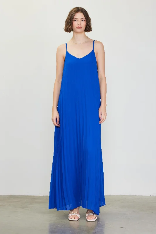 Royal Blue Pleated Sleeveless Maxi Dress