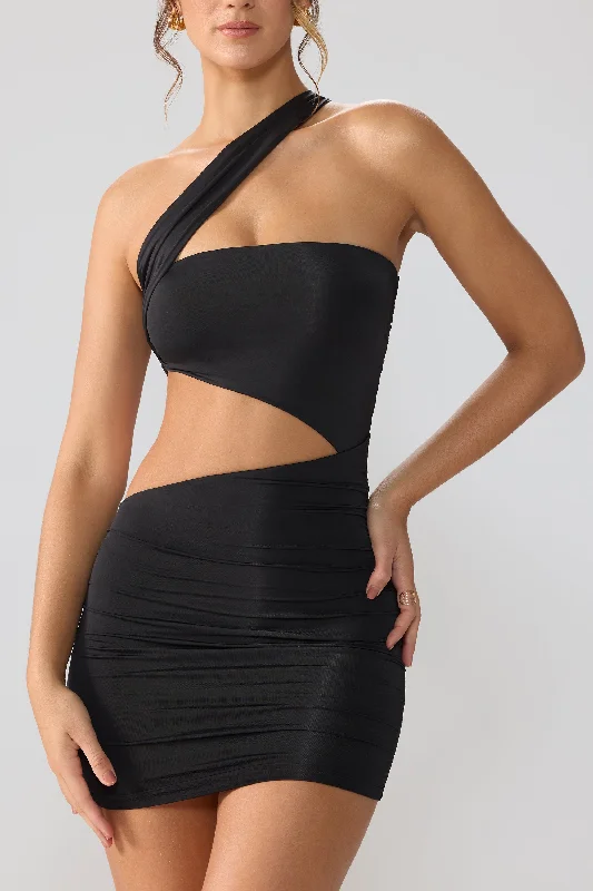 Slinky Jersey Ruched Cut Out Mini Dress in Black