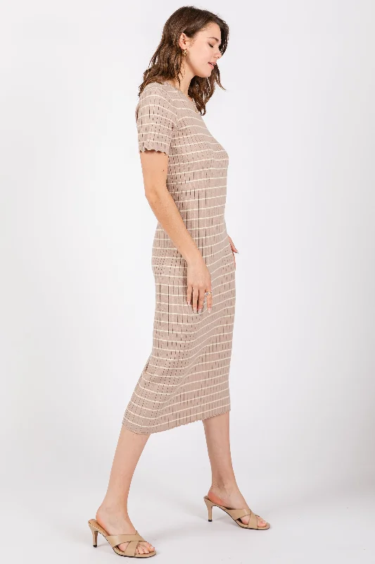 Taupe Striped Rib Knit Midi Dress