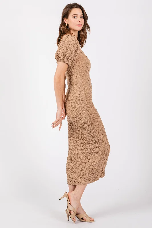 Taupe Textured Square Neck Puff Sleeve Midi Dress