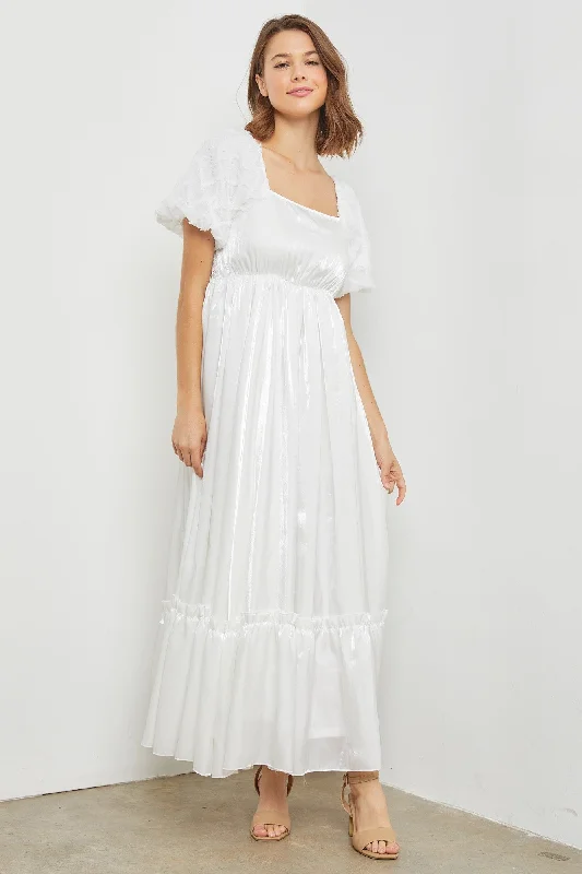 White Iridescent Textured Puff Sleeve Midi Dress