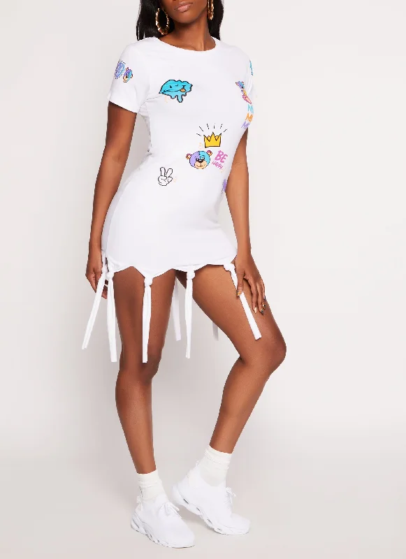 Mood Be Happy Knot Hem Graphic T Shirt Dress