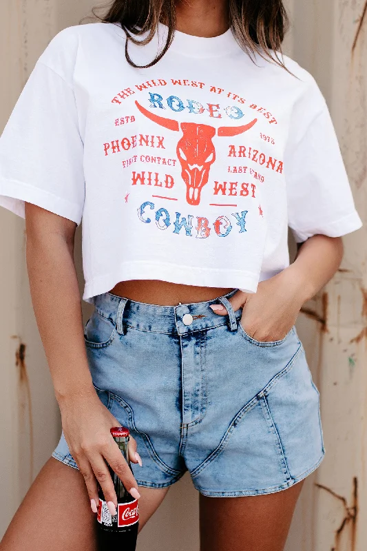 ""Wild West Rodeo Cowboy"" Oversized Graphic Crop Tee (White) - Print On Demand