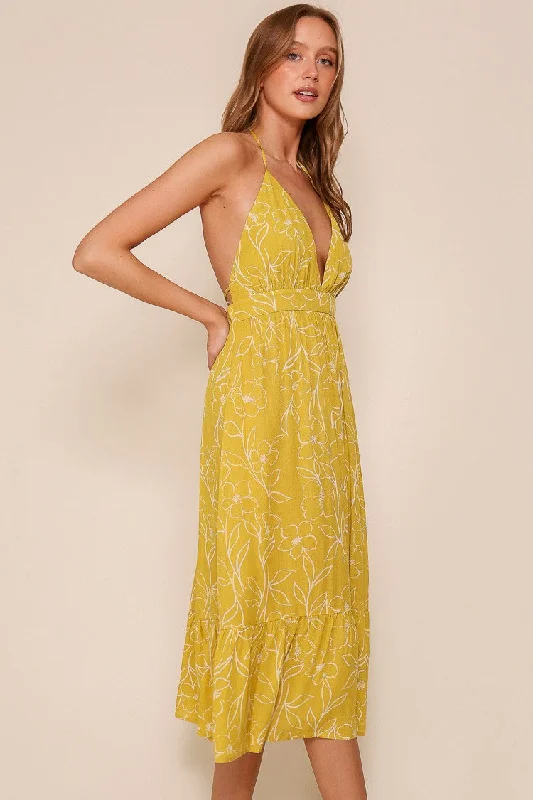 Yellow Floral Sleeveless Halter Neck Open Back Dress