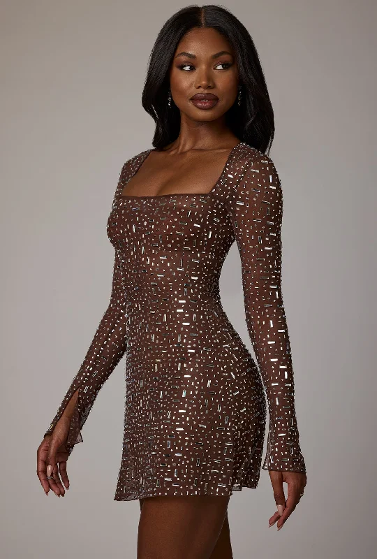 Sheer Embellished Long Sleeve A-Line Mini Dress in Deep Cocoa