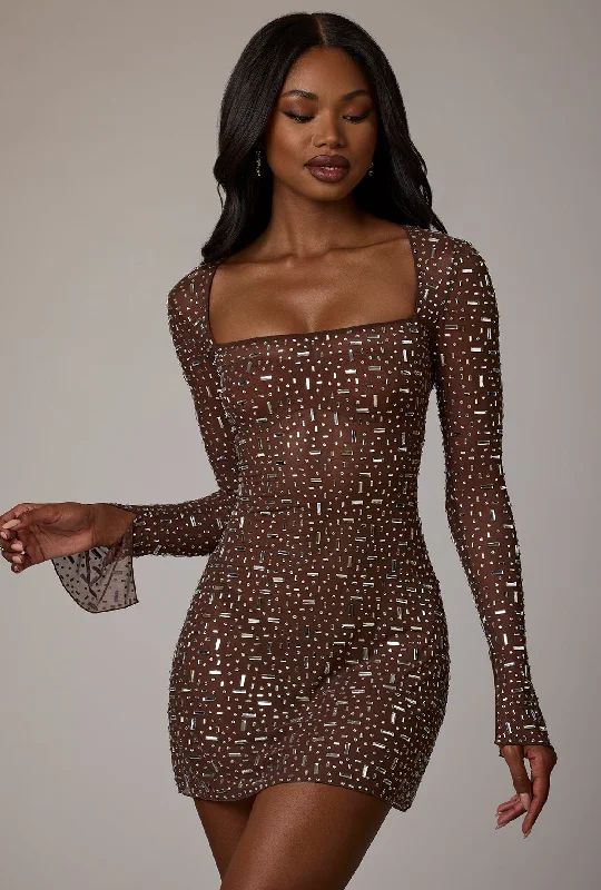 Sheer Embellished Long Sleeve A-Line Mini Dress in Deep Cocoa