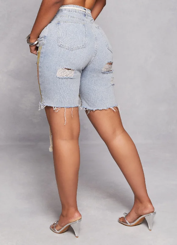 Distressed Paint Splatter Belted Bermuda Shorts