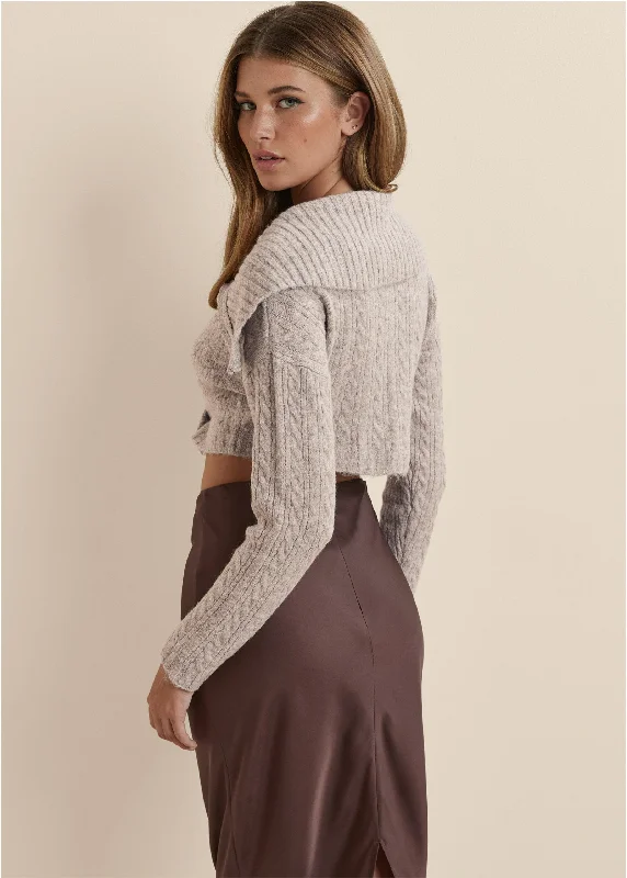 Cropped cable knit sweater - Oatmeal Multi