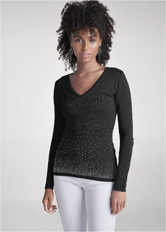 Rhinestone V-neck sweater - Black