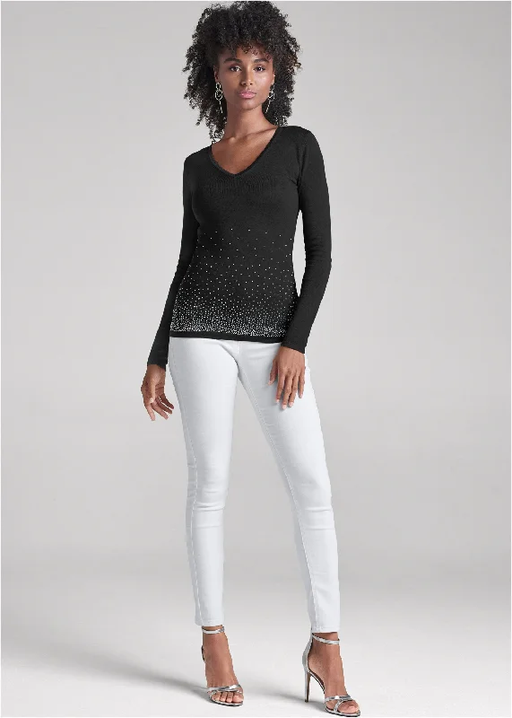 Rhinestone V-neck sweater - Black