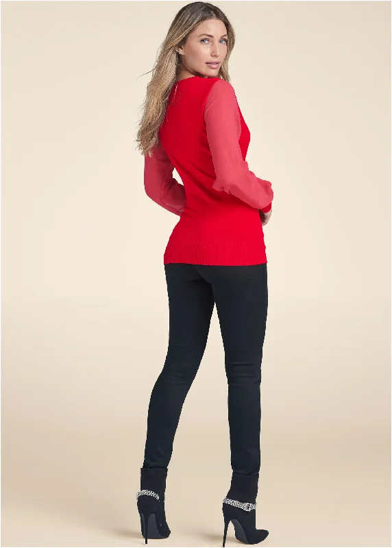 Chiffon sleeve sweater - Red