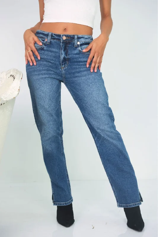 Petite Mid Rise Straight Jeans with Side Slit (Dark Vintage)