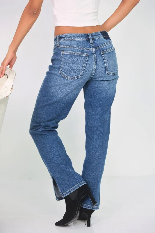 Petite Mid Rise Straight Jeans with Side Slit (Dark Vintage)