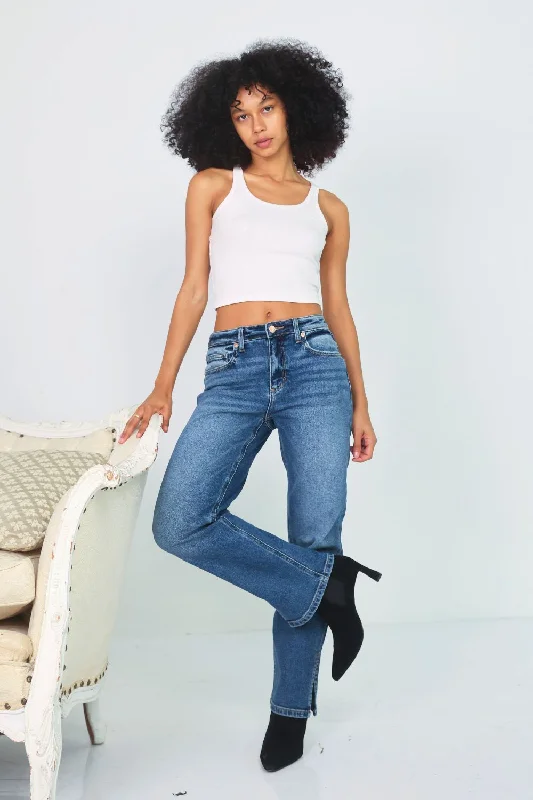 Petite Mid Rise Straight Jeans with Side Slit (Dark Vintage)