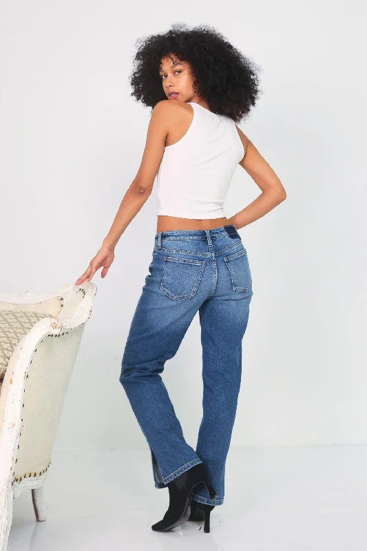 Petite Mid Rise Straight Jeans with Side Slit (Dark Vintage)