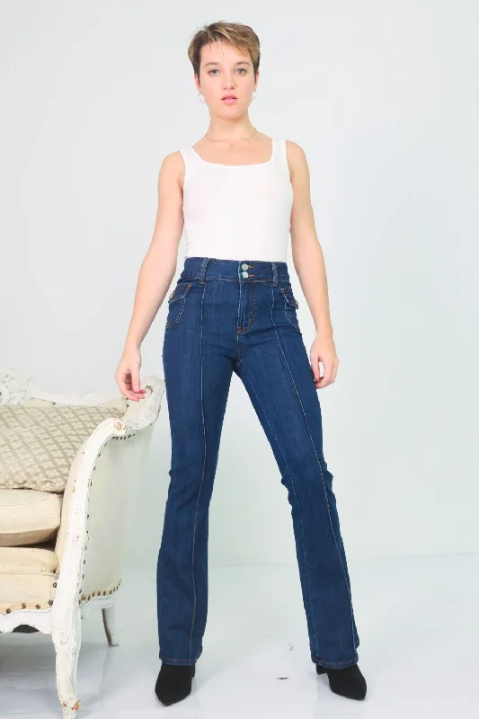 Petite Side Cargo Pocket Flare Jeans (Dk Blue)