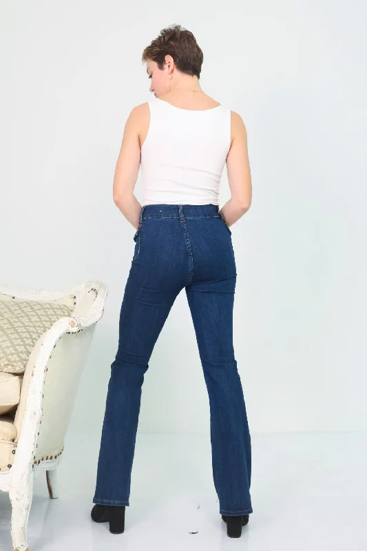 Petite Side Cargo Pocket Flare Jeans (Dk Blue)