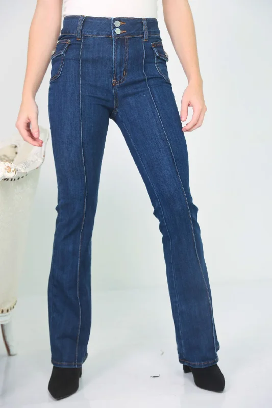 Petite Side Cargo Pocket Flare Jeans (Dk Blue)