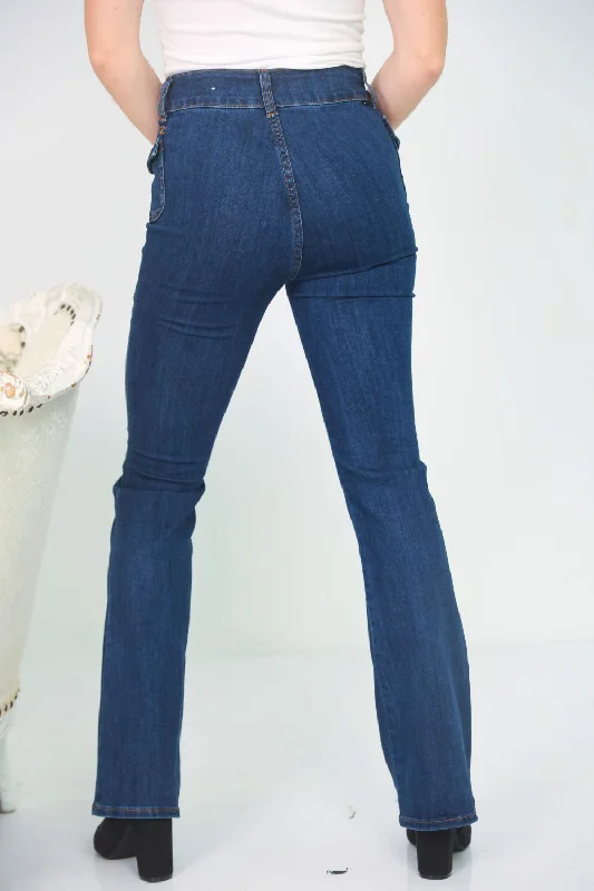 Petite Side Cargo Pocket Flare Jeans (Dk Blue)