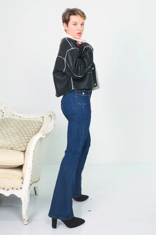 Petite Side Cargo Pocket Flare Jeans (Dk Blue)