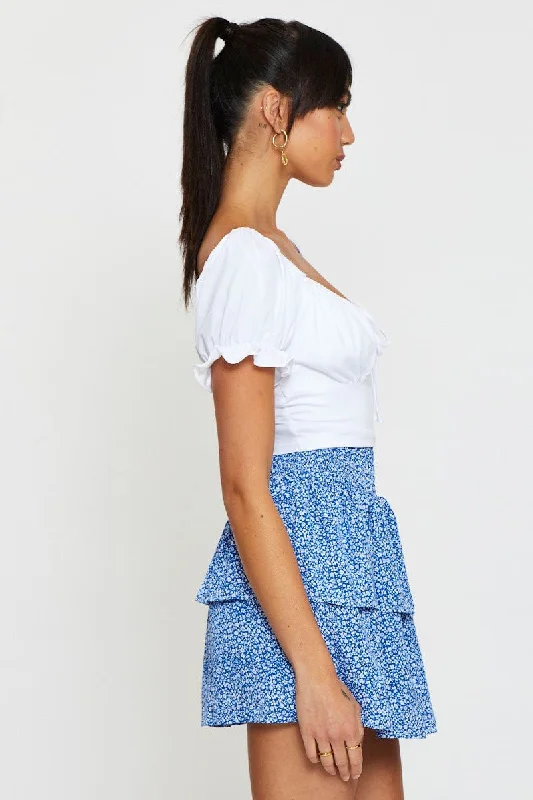 Print Elastic Waist Floral Skater Skirt