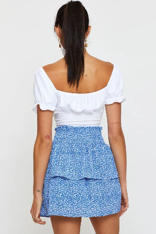 Print Elastic Waist Floral Skater Skirt