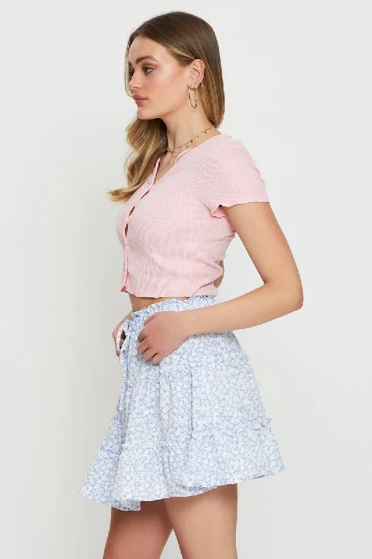 Print Elastic Waist Frill Short Skater Skirt