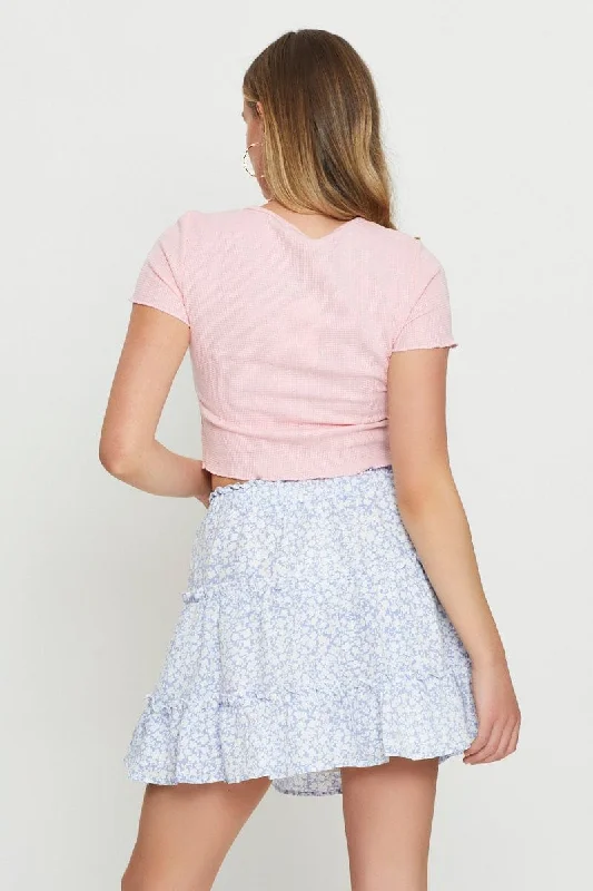 Print Elastic Waist Frill Short Skater Skirt