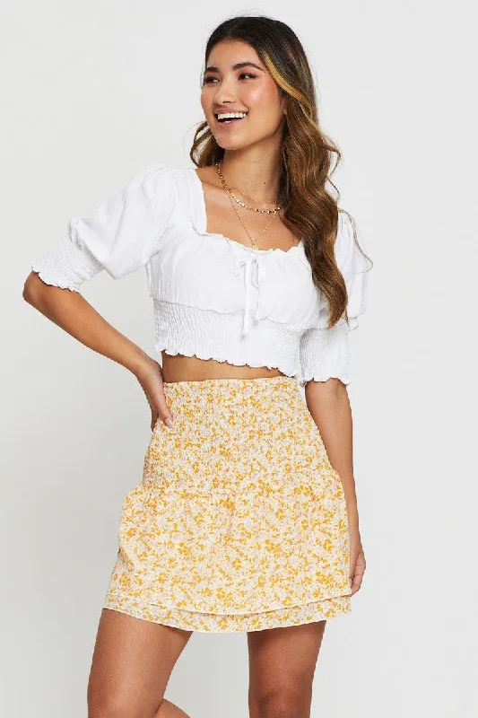 Print Shirred Waist Skater Skirt