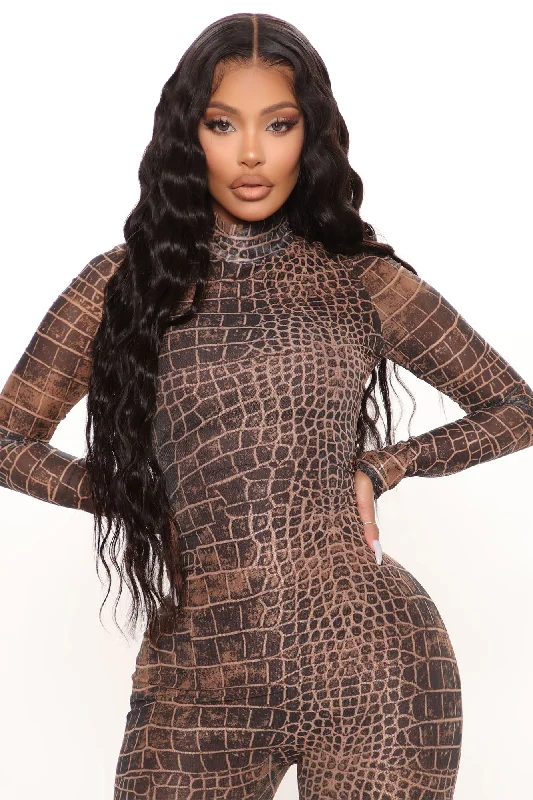 Sexy In Snake Mesh Jumpsuit - Brown