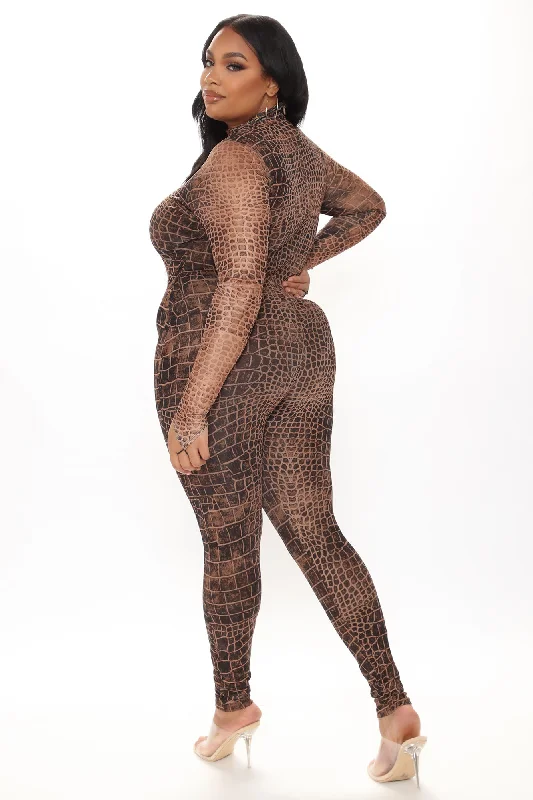 Sexy In Snake Mesh Jumpsuit - Brown