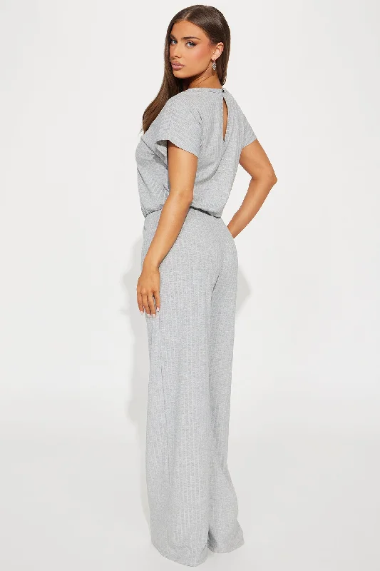 Too Little Too Late Ribbed Jumpsuit - Heather Grey