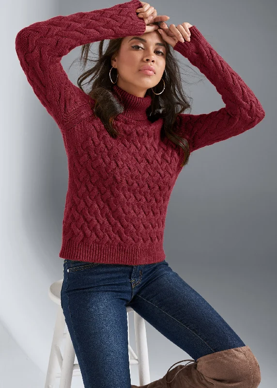 Cable knit turtleneck sweater - Red