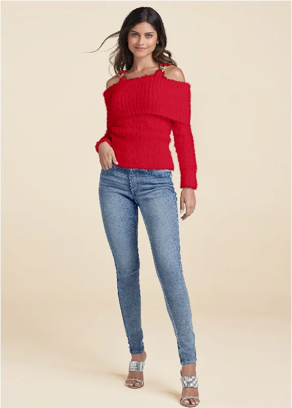 Chain detail cold-shoulder sweater - Red