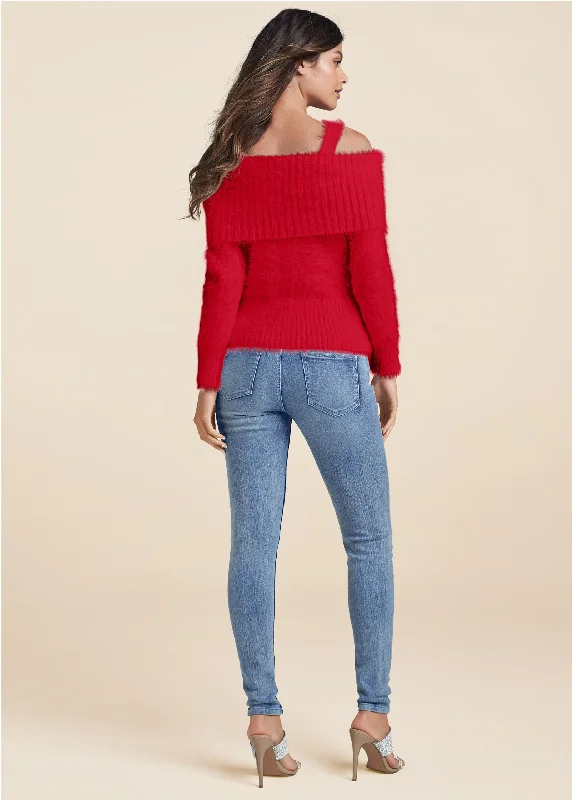 Chain detail cold-shoulder sweater - Red