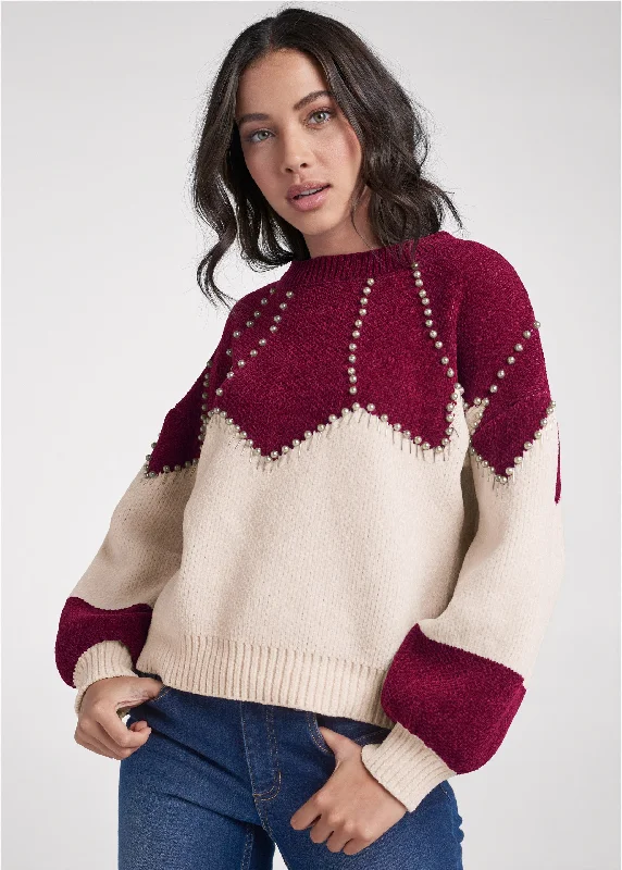 Faux-pearl chenille sweater - Red & White